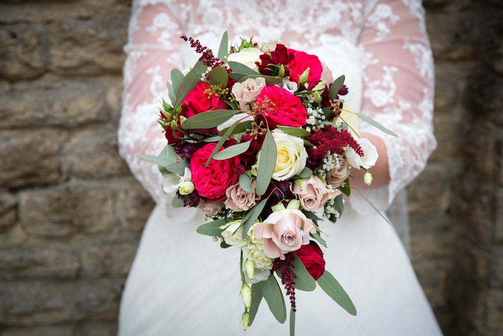 Bristol wedding florist pink and red bridal bouquet