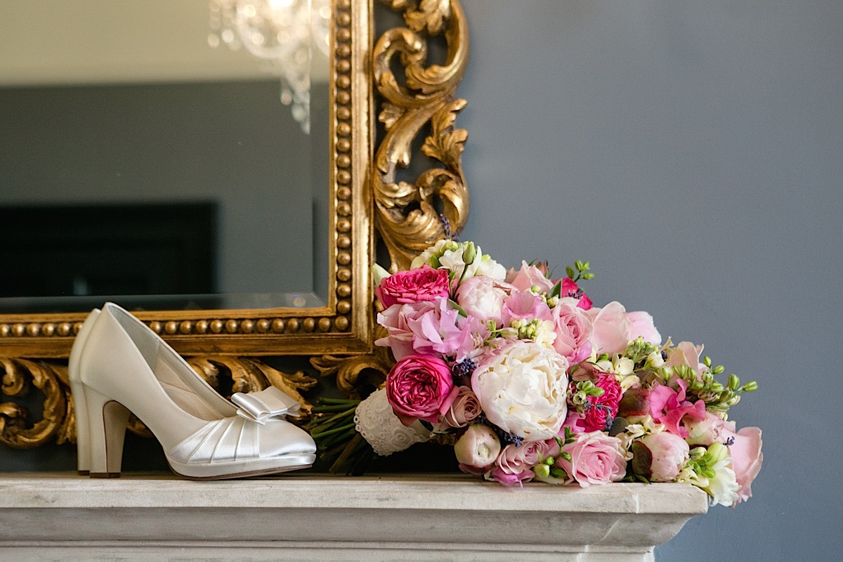 Daisylane Floral Design pink and ivory bouquet with satin wedding shoes