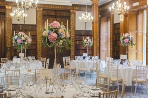 Wedding Flowers at Clevedon Hall tall candelabra arangements pink and blue hydrangeas