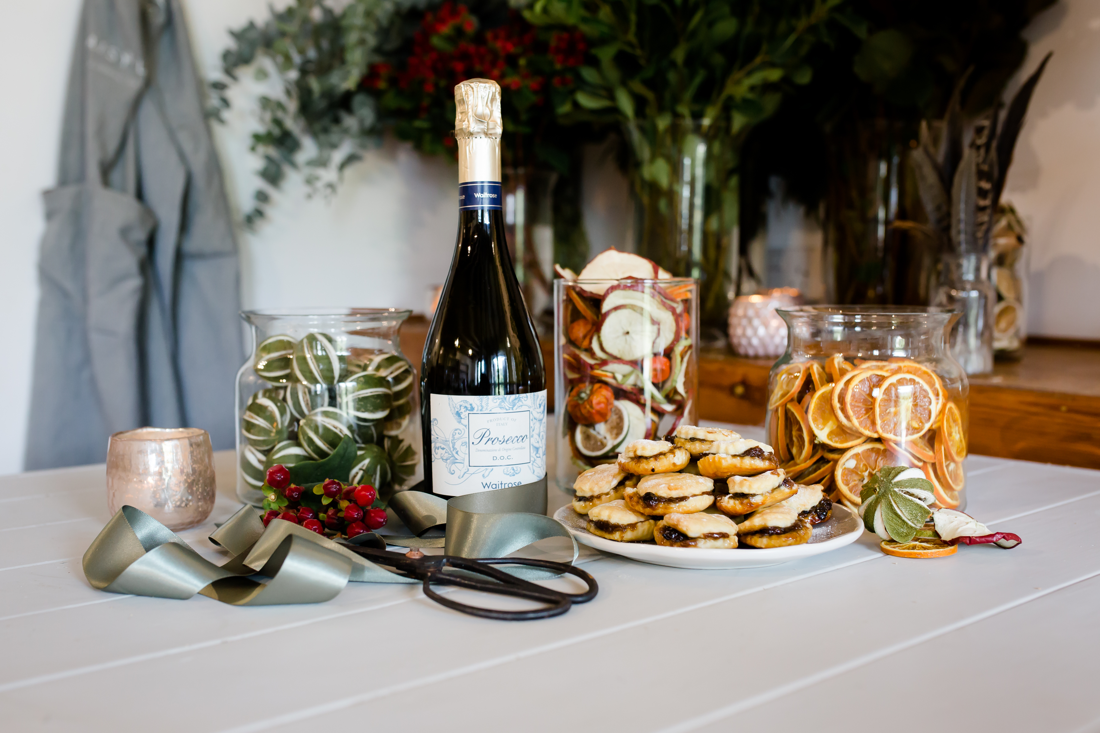 Champagne and mince pies fro Christmas Wreath workshop at Clevedon Craft Centre