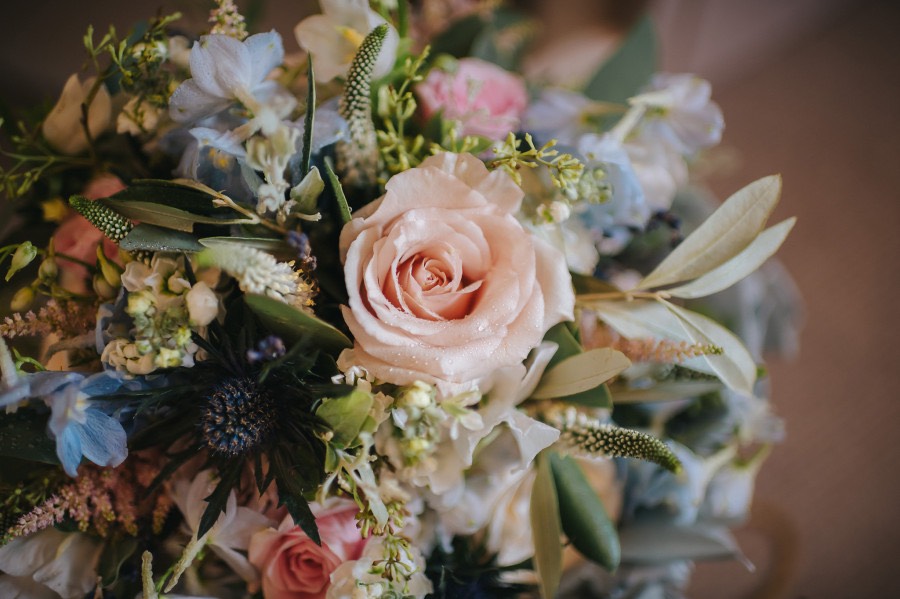 daisy lane floral design pale pink and blue bridal bouquet