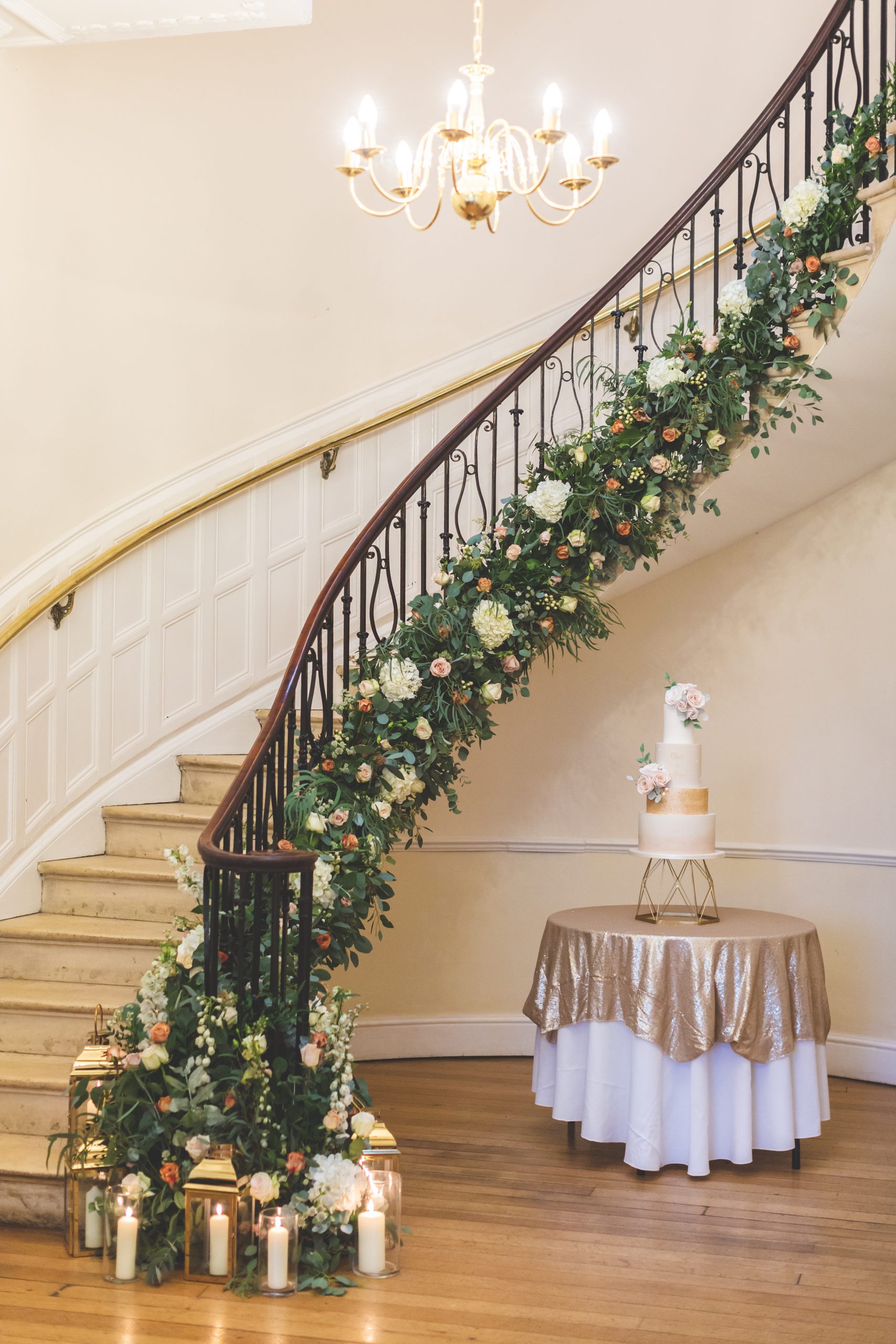 staircase garland eastington park wedding flowers