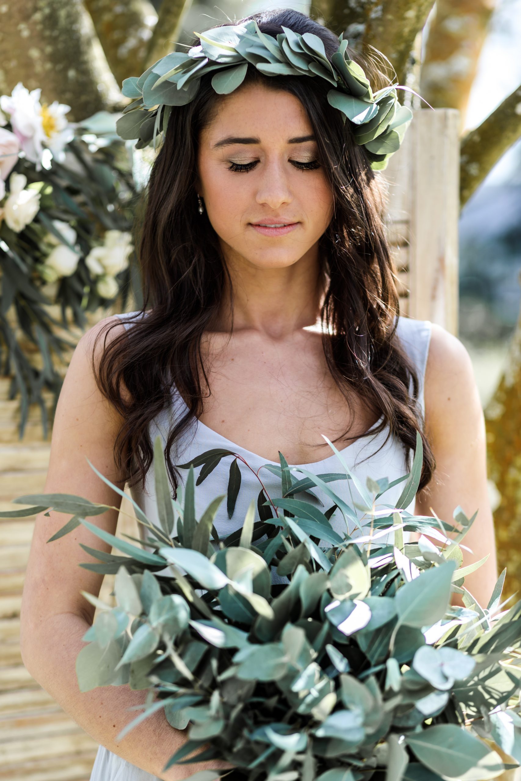 foliage-only eucalyptus bridal crown and bouquet