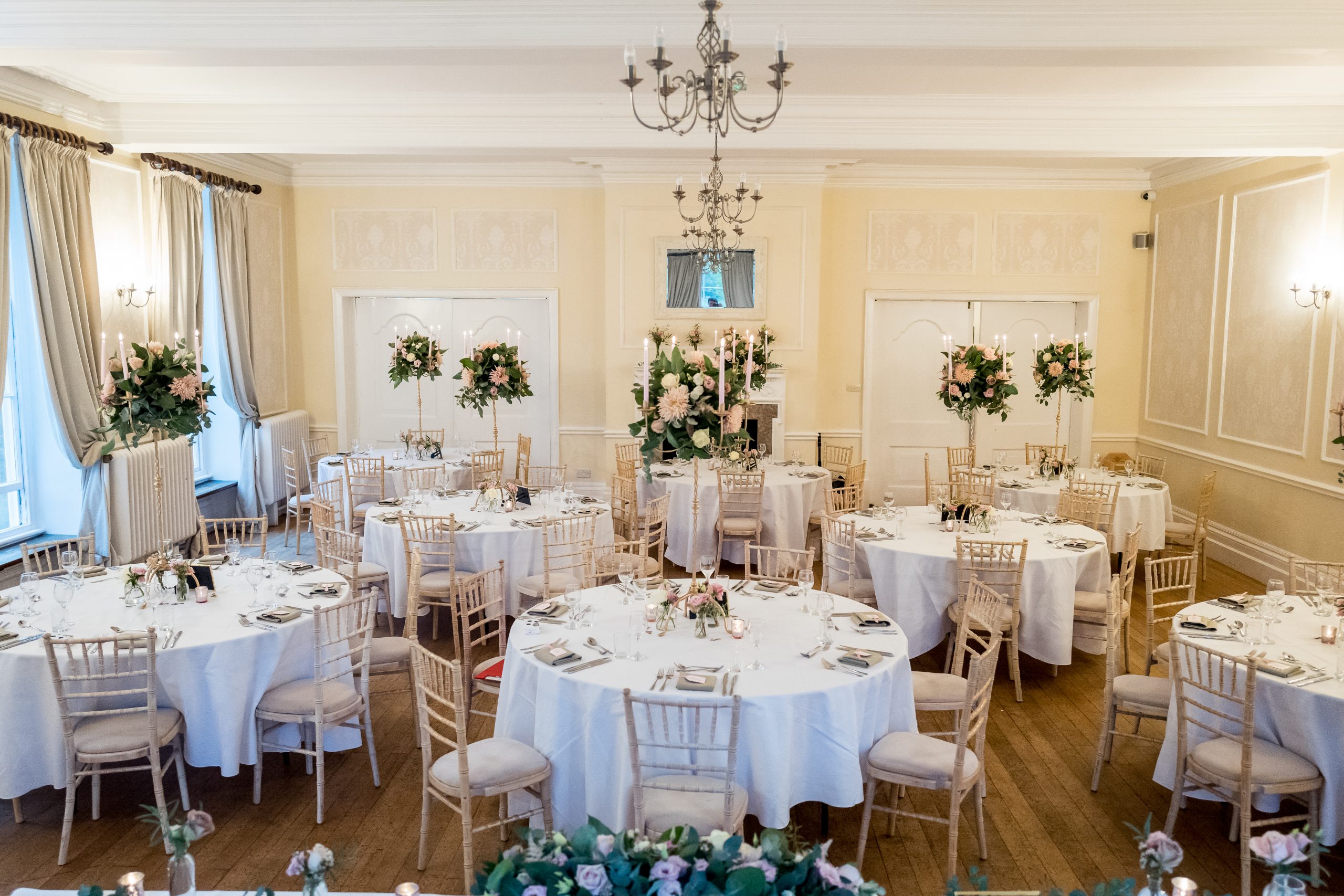 wedding breakfast flowers at eastington park gloucestershire