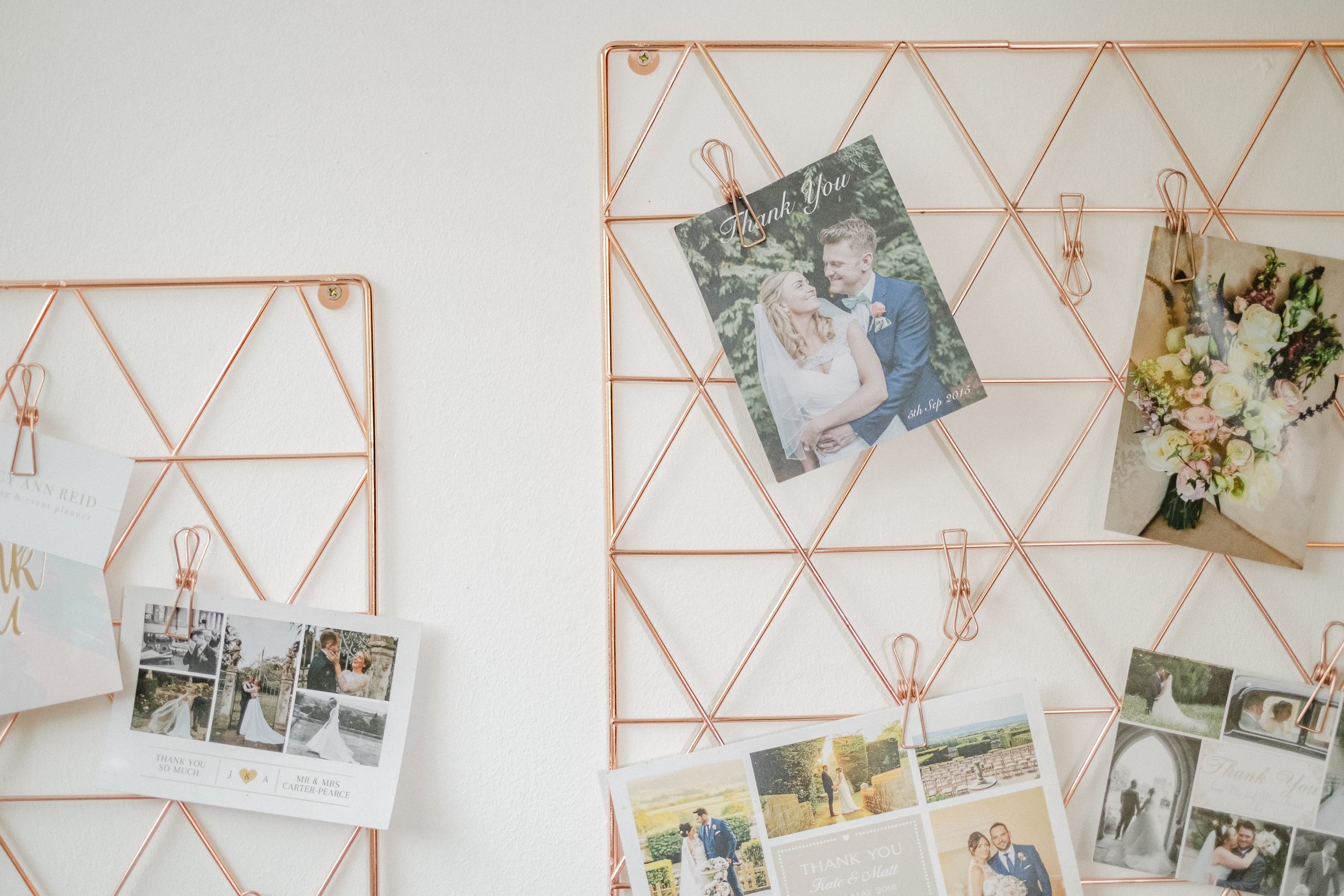 wedding photos on wire notice board